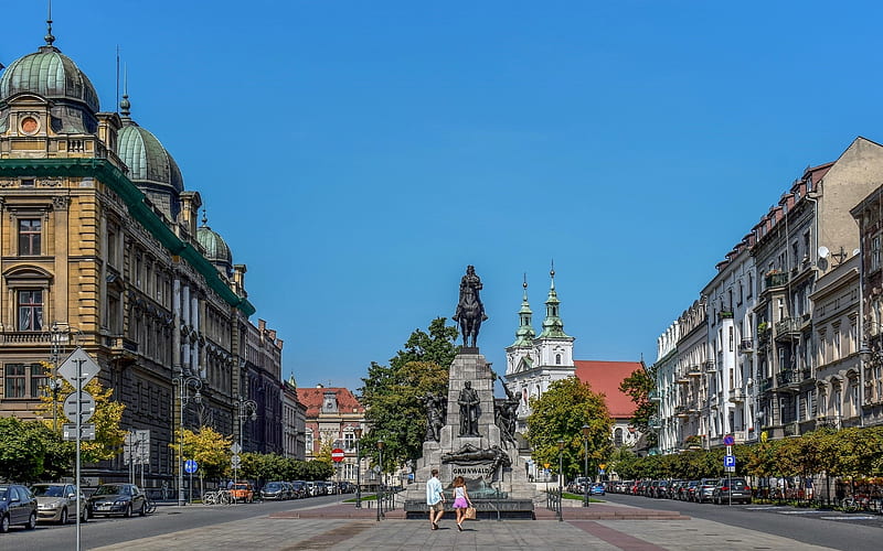 Krakow, Poland, monument, square, houses, Krakow, Poland, church, HD wallpaper