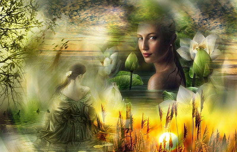 Fairy of the Lake, colorful, art, lovely, cg, bonito, collage, woman ...