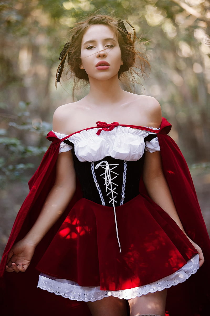 Eden Rose, model, women, corset, women outdoors, Little Red Riding Hood, cosplay, bare shoulders, cloaks, HD phone wallpaper