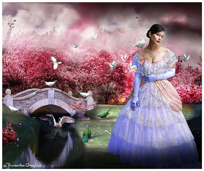~Lilac Roses~, pretty, grass, clouds, women, sweet, fantasy, gloves, splendor, manipulation, flowers, face, lovely, models, birds, sky, lips, trees, cute, water, cool, flying, eyes, lilac, colorful, dress, canal, bonito, digital art, hair, leaves, bridge, girls, gorgeous, animals, female, colors, roses, plants, reflections, HD wallpaper