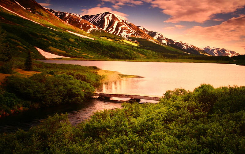 Mountain and Lake in Alaska, grass, alaska, sunset, sky, clouds, mountain, green, nature, landscape, HD wallpaper