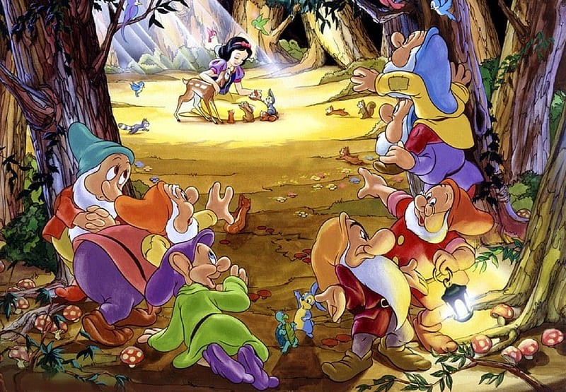 Snow White and the Seven Dwarfs, forest, fantasy, girl, snow white, princess, dwarf, animal, disney, HD wallpaper