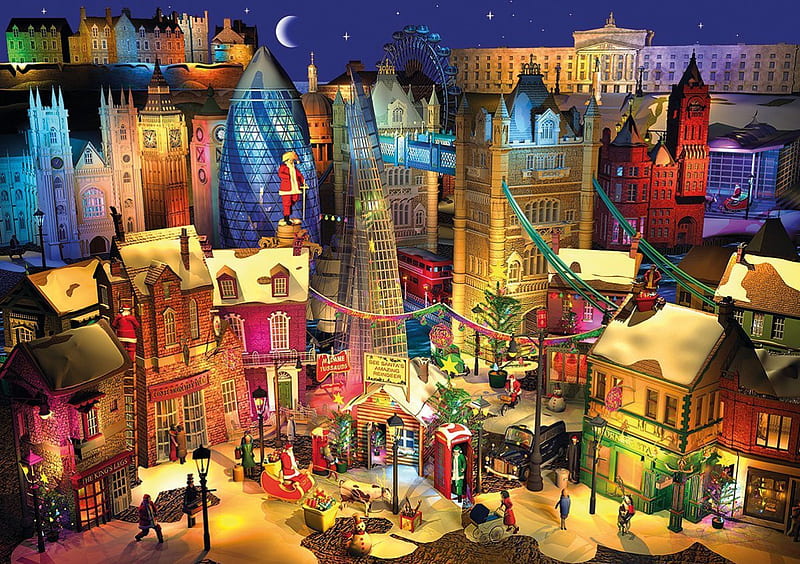 Santa's Midnight Magic, Sleigh, santa, Town, christmas, buildings, colors, artwork, HD wallpaper
