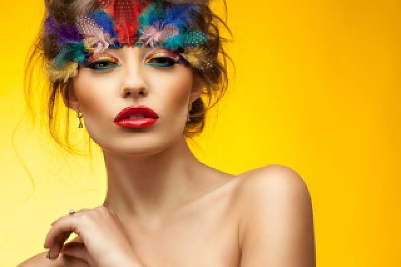 Pretty Girl, look, shoulders, girl, makeup, hand, beauty, neck, face, fashion, yellow background, eyes, red lips, feathers, HD wallpaper