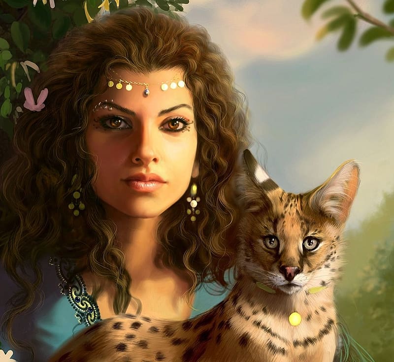 Princess with wild cat, pisici, art, fantasy, cat, girl, wild, princess, woman, jewel, HD wallpaper