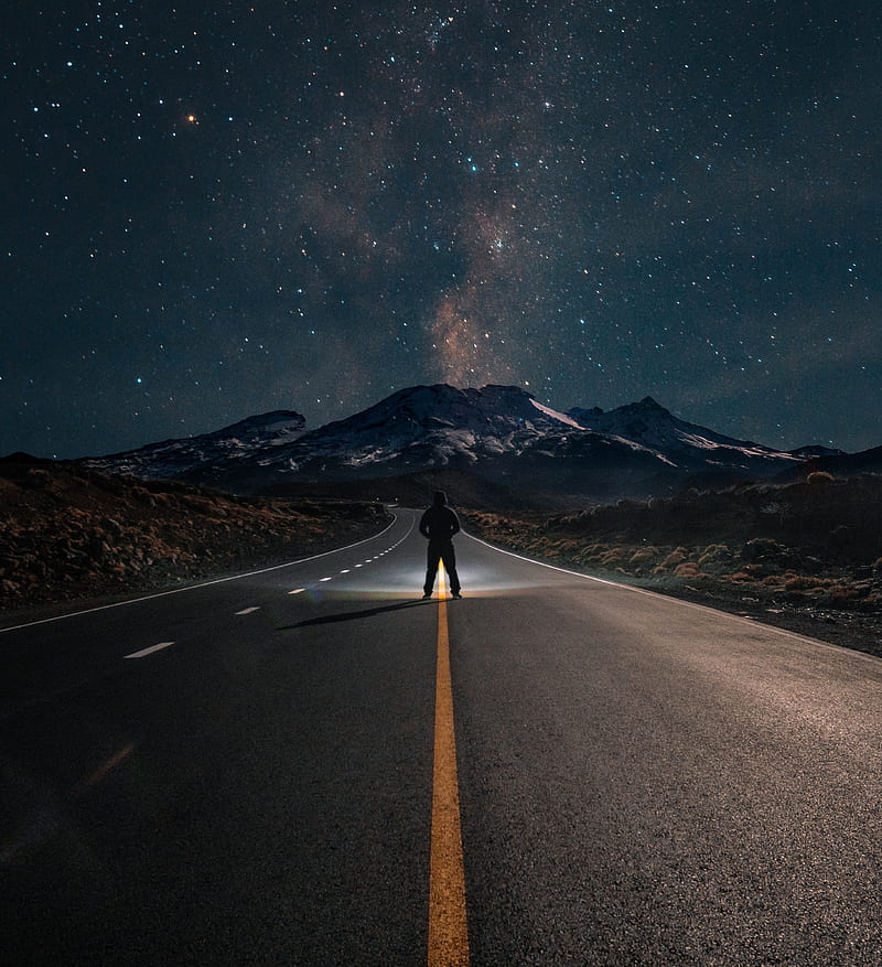 road, mountains, night, silhouette, starry sky, HD phone wallpaper