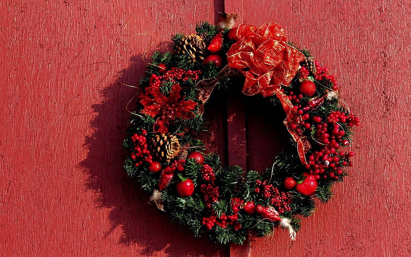 Christmas wreath, red wall, Christmas, HD wallpaper