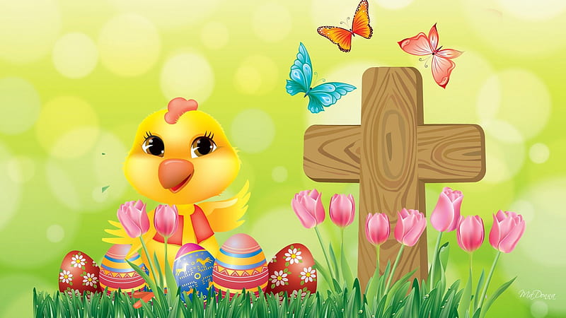 Easter Chick, flowers, chicken, butterflies, spring, chick, cute, Easter, whimsical, eggs, papillon, flowers, tulips, cross, HD wallpaper