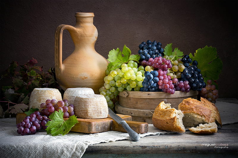 Food, Still Life, Bread, Cheese, Grapes, HD wallpaper