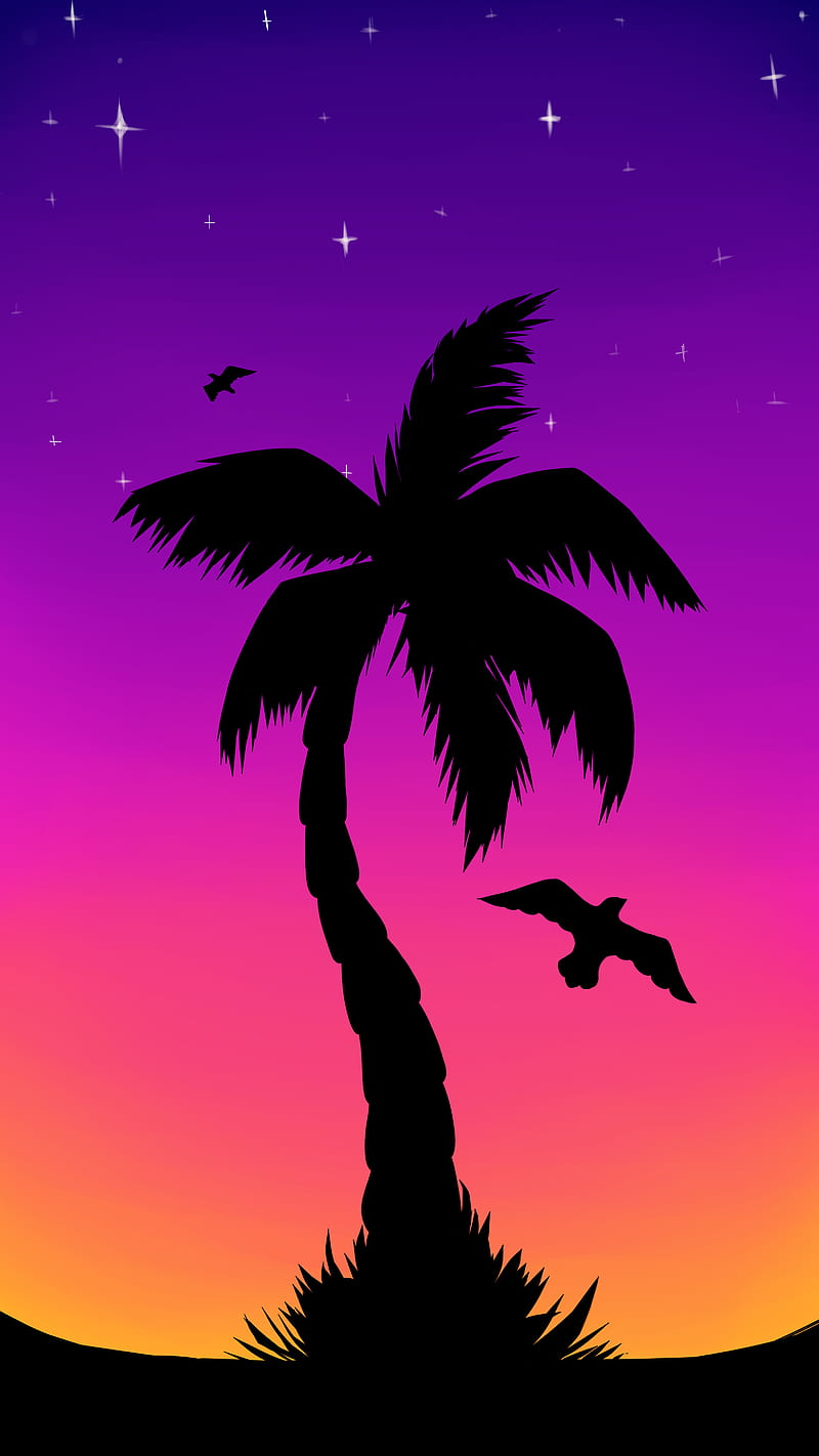 Palm Tree, colorful, evening, landscape, purple, sunset, vector, HD phone wallpaper