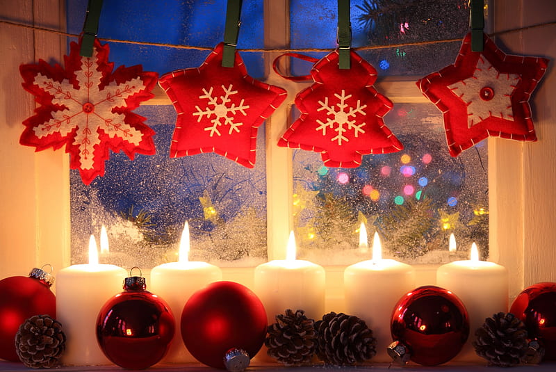 Cozy Christmas Home, stars, window, balls, snow, decoration, lights, winter, HD wallpaper