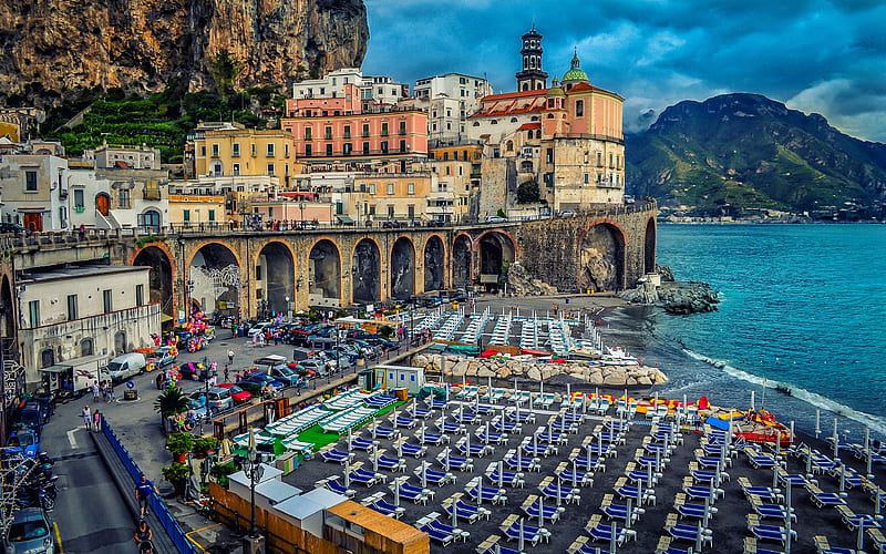 Amalfi, resort, sea, coast, Italy, beach, summer, Europe, HD wallpaper