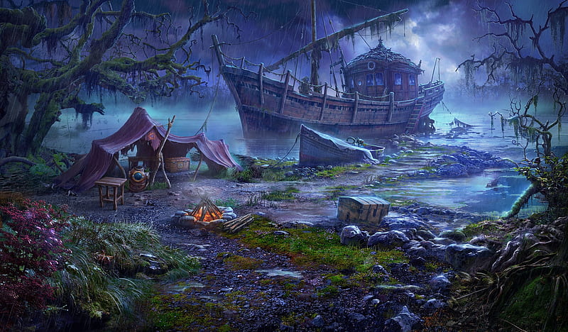 Longboat, boat, fantasy, luminos, sergey lameyko, sea, HD wallpaper ...