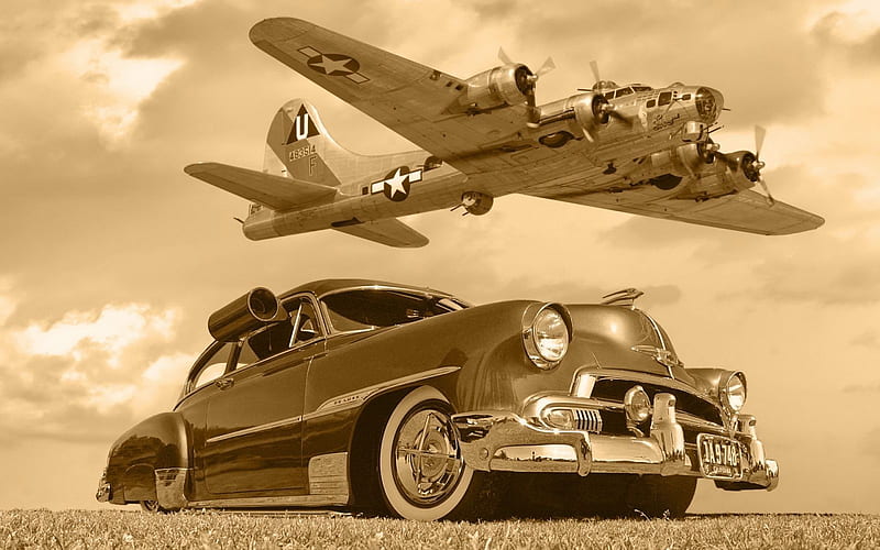 Old Timers fleetline, plane, car, chevy, military, B17, bomber, HD wallpaper