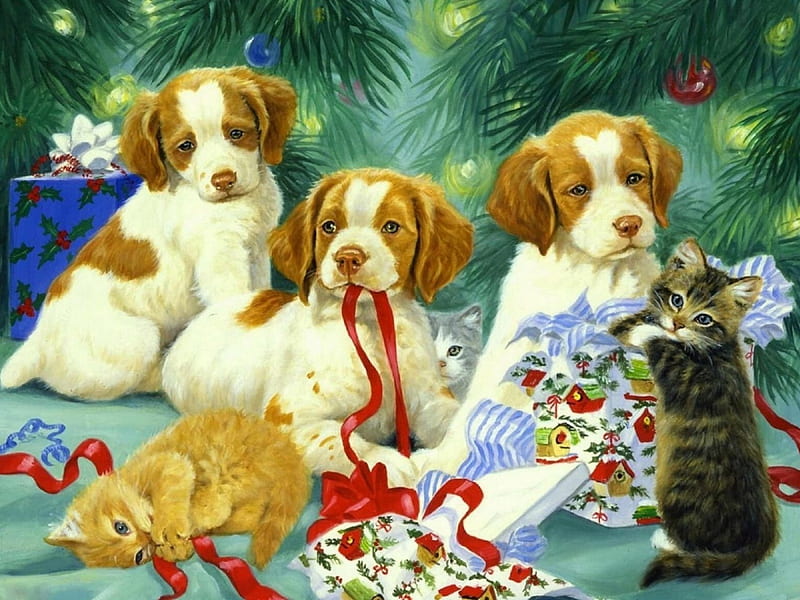 ..Puppies & Kittens.., pretty, Christmas, draw and paint, ribbons, xmas and new year, paintings, puppies, animals, lovely, colors, love four seasons, kittens, creative pre-made, dogs and cats, cute, cats, gifts, dogs, HD wallpaper