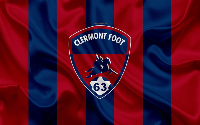 Clermont Foot 63 silk texture, logo, burgundy blue silk flag, French football club, emblem, Ligue 2, Clermont-Ferrand, France, football, Clermont FC, HD wallpaper