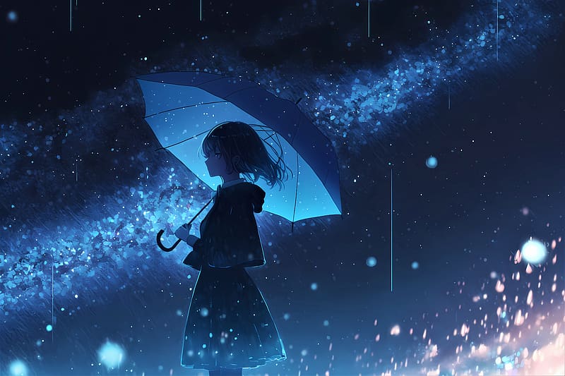 girl, umbrella, rain, anime, blue, HD wallpaper
