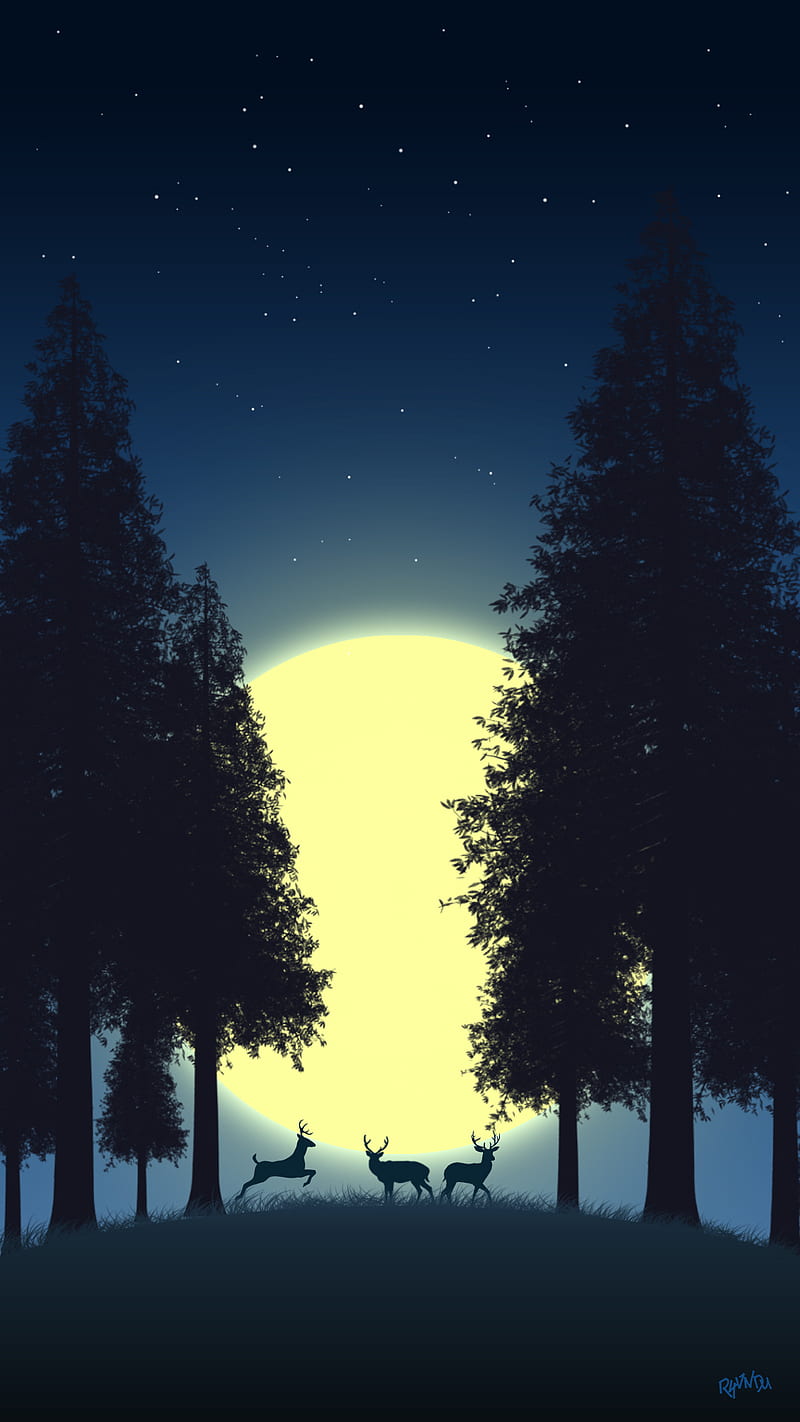 2D Mid Night, deer, forest, midnight, moon, nature, sky, stars, HD phone wallpaper