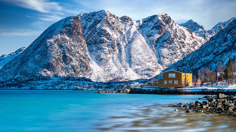 graphy, Lofoten, House, Mountain, Norway, Rock, Snow, Winter, HD wallpaper