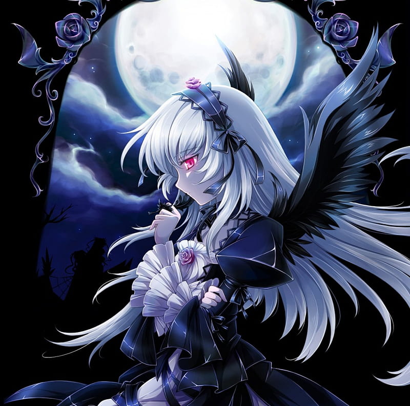 Suigintou, white hair, wing, rozen maiden, moon, anime, feather, hot, anime girl, long hair, night, female, wings, angel, black, sexy, cute, girl, dark, sinister, red eyes, HD wallpaper
