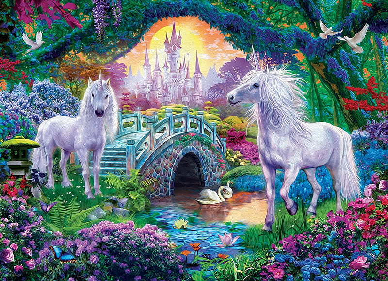 Unicorns, unicorn, fantasy, green, luminos, flower, white, creature, HD wallpaper