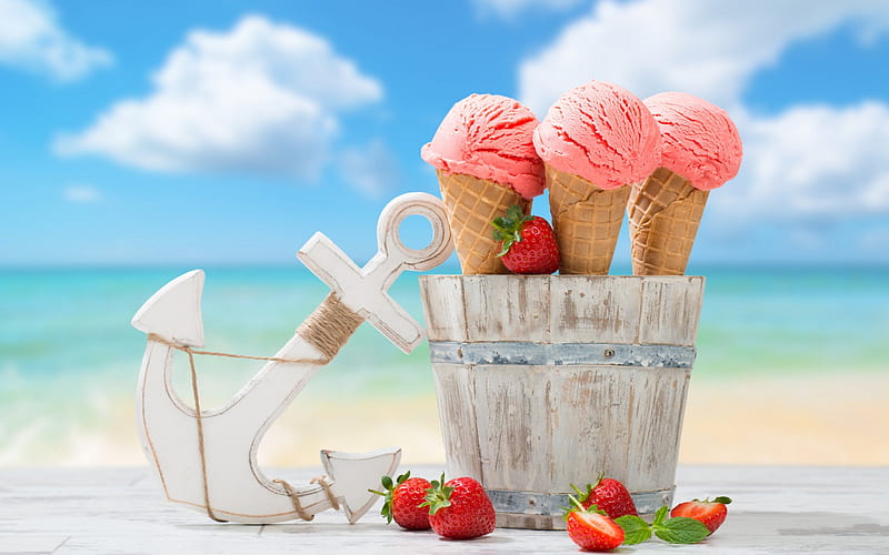 Happy Summer!, red, strawberry, bucket, sea, dessert, sweet, beach, fruit, sand, pink, blue, cloud, ice cream, food, sky, water, summer, white, HD wallpaper