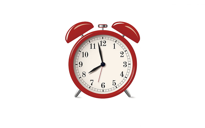 red alarm clock, white background, morning concepts, time to work, alarm clock, time concepts, HD wallpaper