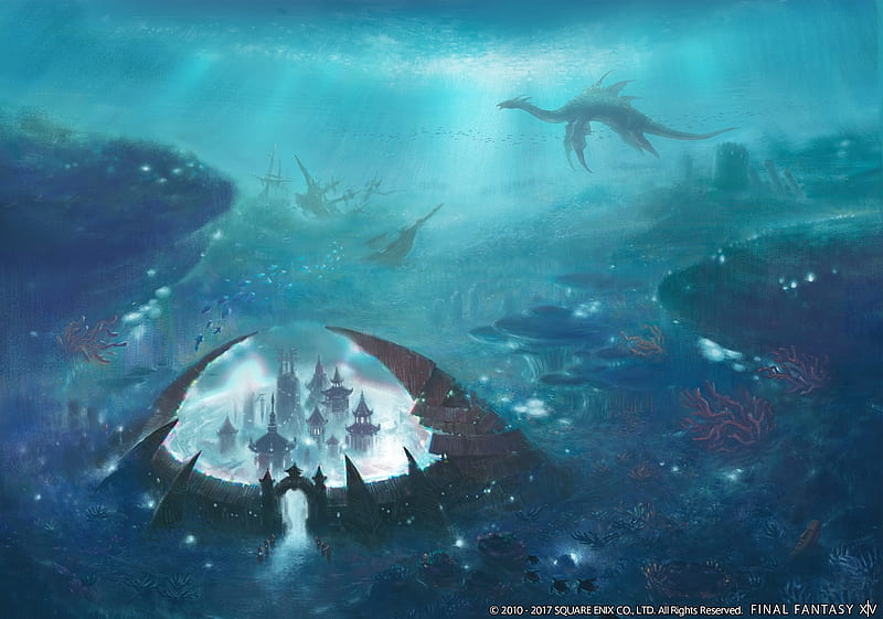 Underwater City, underwater, fantasy, city, cg, game, final fantasy, scenery, ffxiv, tamamizu, HD wallpaper