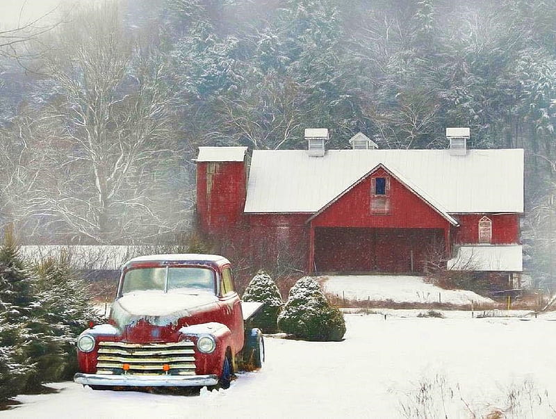 Chevy Country Farm, architecture, Christmas, chevy, love four seasons, farms, attractions in dreams, xmas and new year, winter, carros, snow, chevrolet, winter holidays, truck, classic, pickup, vintage, HD wallpaper