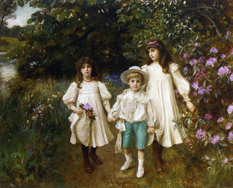 George Harcourt. 'Meriel Cynthia and George Perkins.', art, victorian, english, painting, children, garden, HD wallpaper