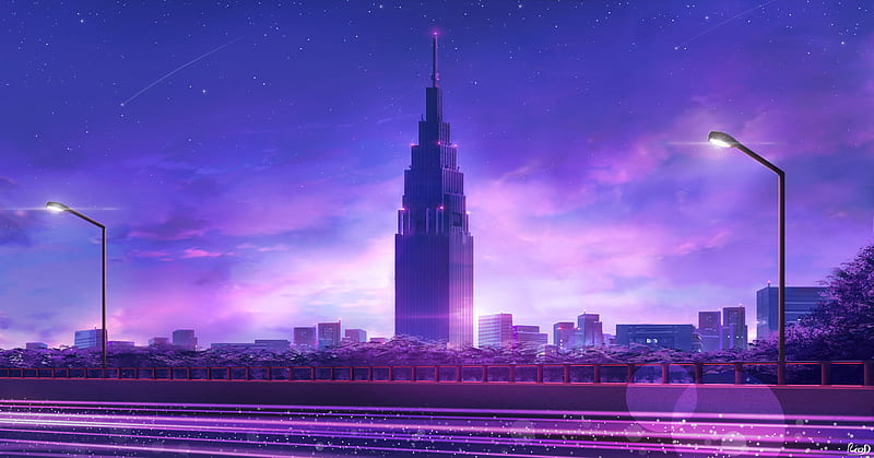 skyscraper, tower, art, city, architecture, purple, HD wallpaper