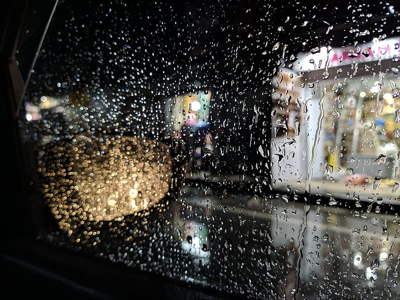 Car in rain, citylights, droplets, eligent, lights, logo, nightlight, theme, watery, HD wallpaper