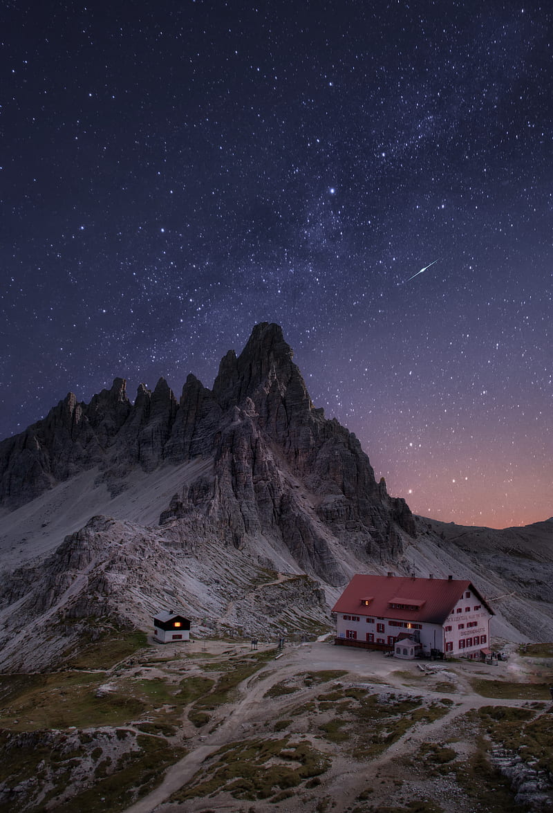 rocks, mountains, starry sky, house, night, HD phone wallpaper