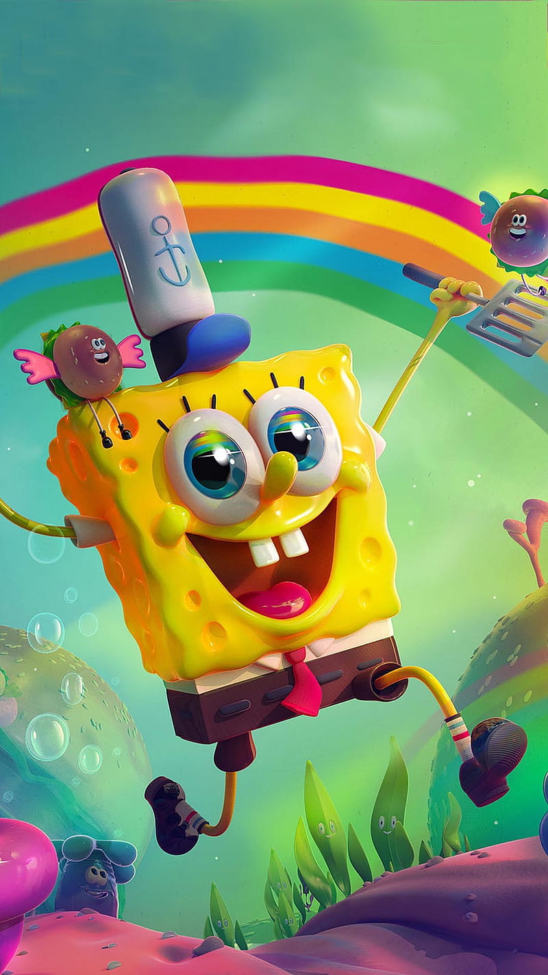SpongeBob, cartoon, rainbow, HD mobile wallpaper