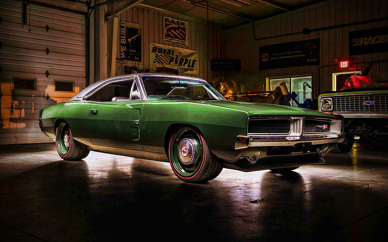 Dodge Charger RT, garage, retro cars, 1969 cars, muscle cars, 1969 Dodge Charger RT, american cars, Dodge, HD wallpaper