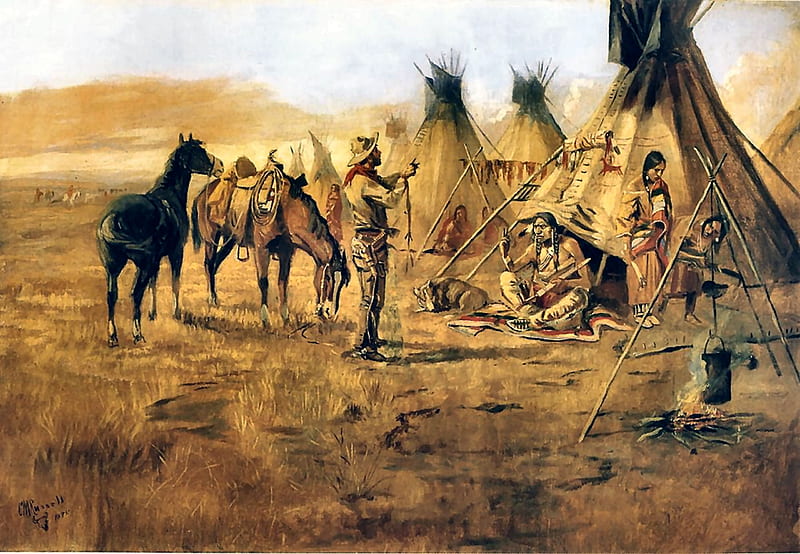 Cowboy Bargaining, art, painting, wide screen, Native American, bonito, illustration, artwork, landscape, HD wallpaper