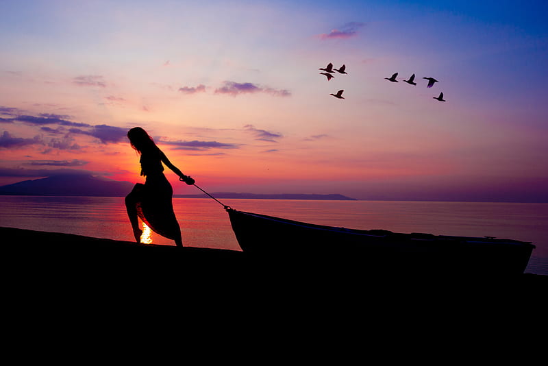 Women Towing Boat Beach Sunset Silhouette, silhouette, beach, boat, sunset, dusk, dawn, nature, sunrise, HD wallpaper