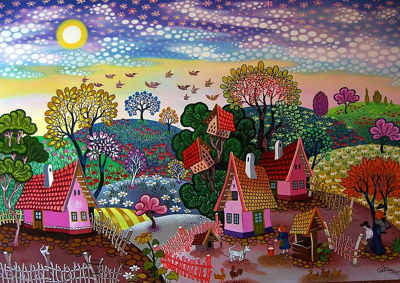 Another vivid tales of Koday Laszlo, fence, art, tree, koday laszlo, painting, village, woman, dog, HD wallpaper