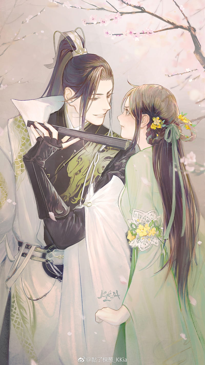 anime couple, romance, chinese clothes, cherry blossom, Anime, HD phone wallpaper