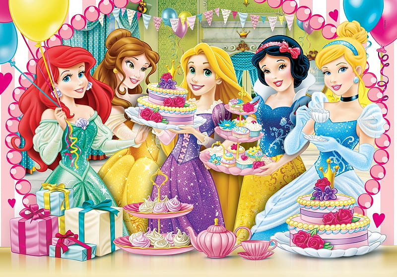 Disney princesses, fantasy, cupcakes, luminos, girl, princess, pink, blue, disney, HD wallpaper