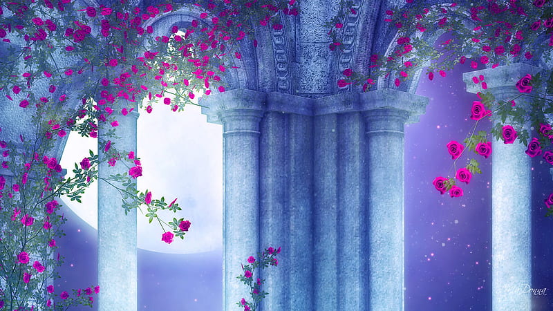 Roses and Arches, red roses, grecian, firefox persona, spring, sky, goth, moon, gothic, summer, flowers, blues, HD wallpaper