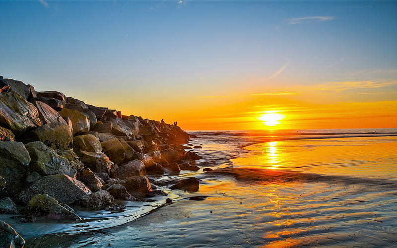 sunset, coast, sea, stones, breakwater, seascape, HD wallpaper