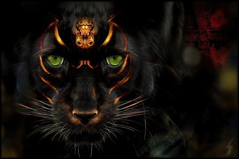 Black panther, fantasy, animal, green eyes, golden, black, pantern, HD wallpaper