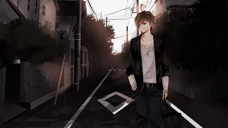 boy in the rain, cool, boy, anime, dark, walk, rain, HD wallpaper