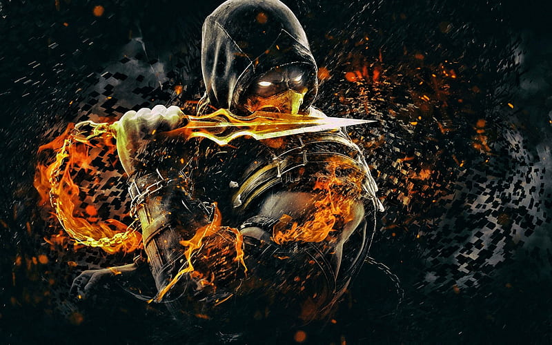Scorpion, fire, 2019 games, Mortal Kombat X, ninja, fighting game, darkness, Mortal Kombat, HD wallpaper