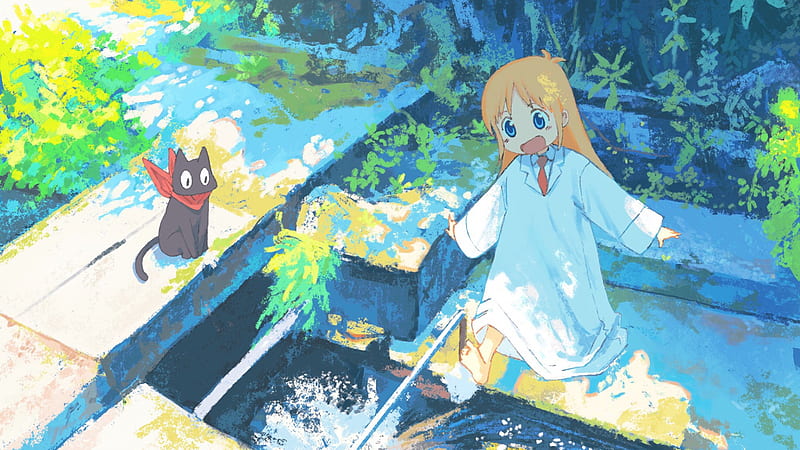 Nichijou, hakase, anime, black cat, sakamoto, cat ears, blue eyes, HD  wallpaper