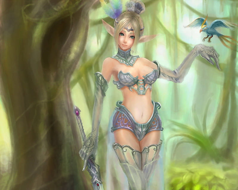 Elven Cutie, outfit, forest, female, elf, ears, trees, woman, bikini, fantasy, green, lime green, HD wallpaper