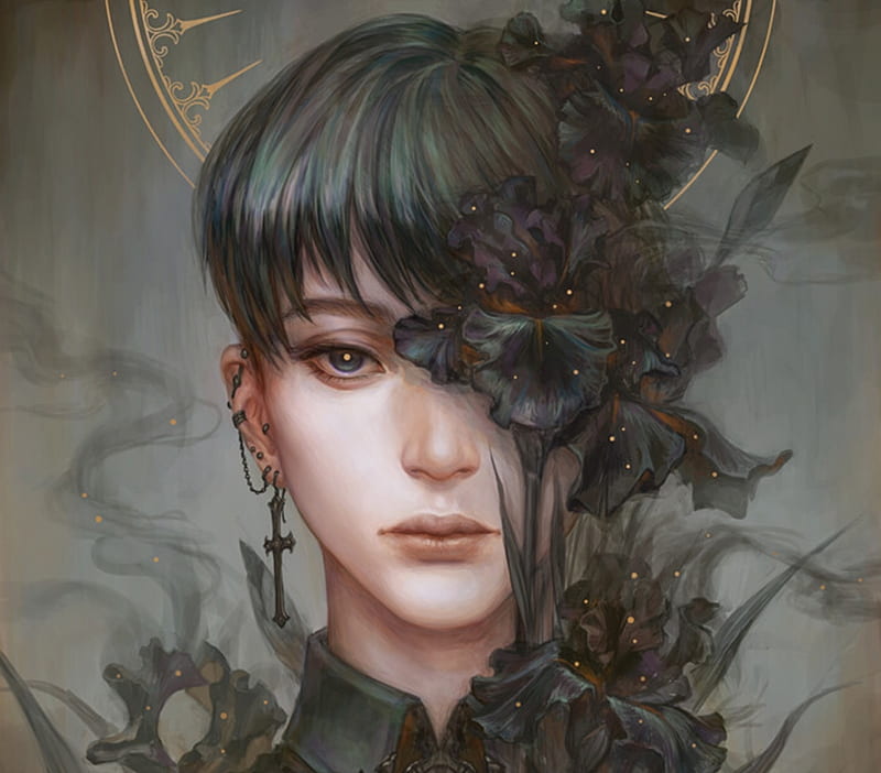 Iris, magdalena pagowska, art, fantasy, luminos, flower, face, man, HD wallpaper
