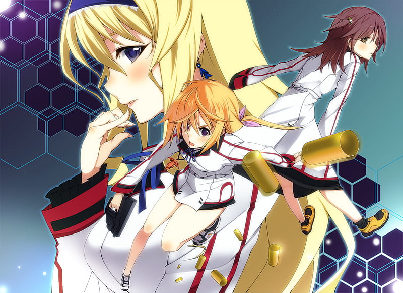Cecilia Olcot , Nohotoke Honne, & Charlotte Dunois, pretty, blush, celcilia, yellow, nice, gun, celcilia olocot, anime, beauty, purple eyes, school uniform, capsules, olcot, black, blonde, chalotte, sexy, charlotte dunois, cute, school, cool, awesome, hive, bullet, white, red eyes, red, infinite stratos, nohotoke, anime girls, dunois, bonito, thighhighs, yellow hair, hot, nohotoke honne, blue eyes, beauties, honne, brown hair, blonde hair, is, girl, uniform, HD wallpaper