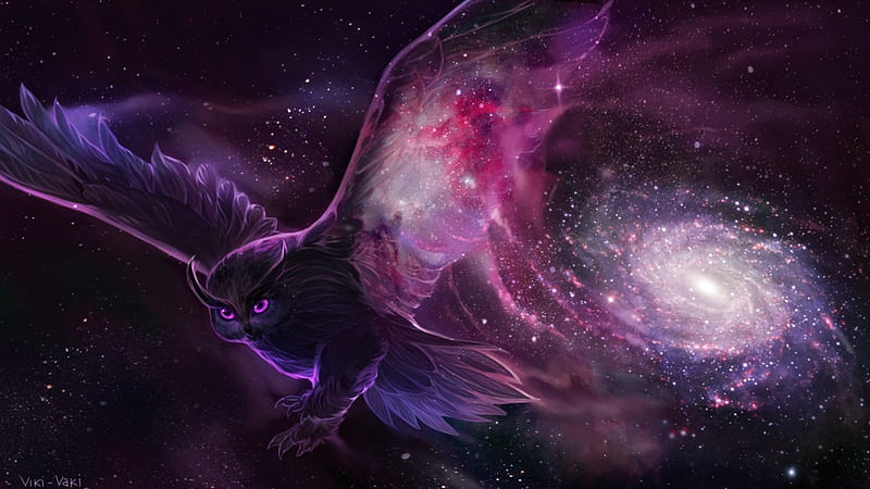 Galactic owl, owl, stars, wings, viki-vaki, galactic, sky, fantasy, nebula, purple, bird, feather, pink, HD wallpaper